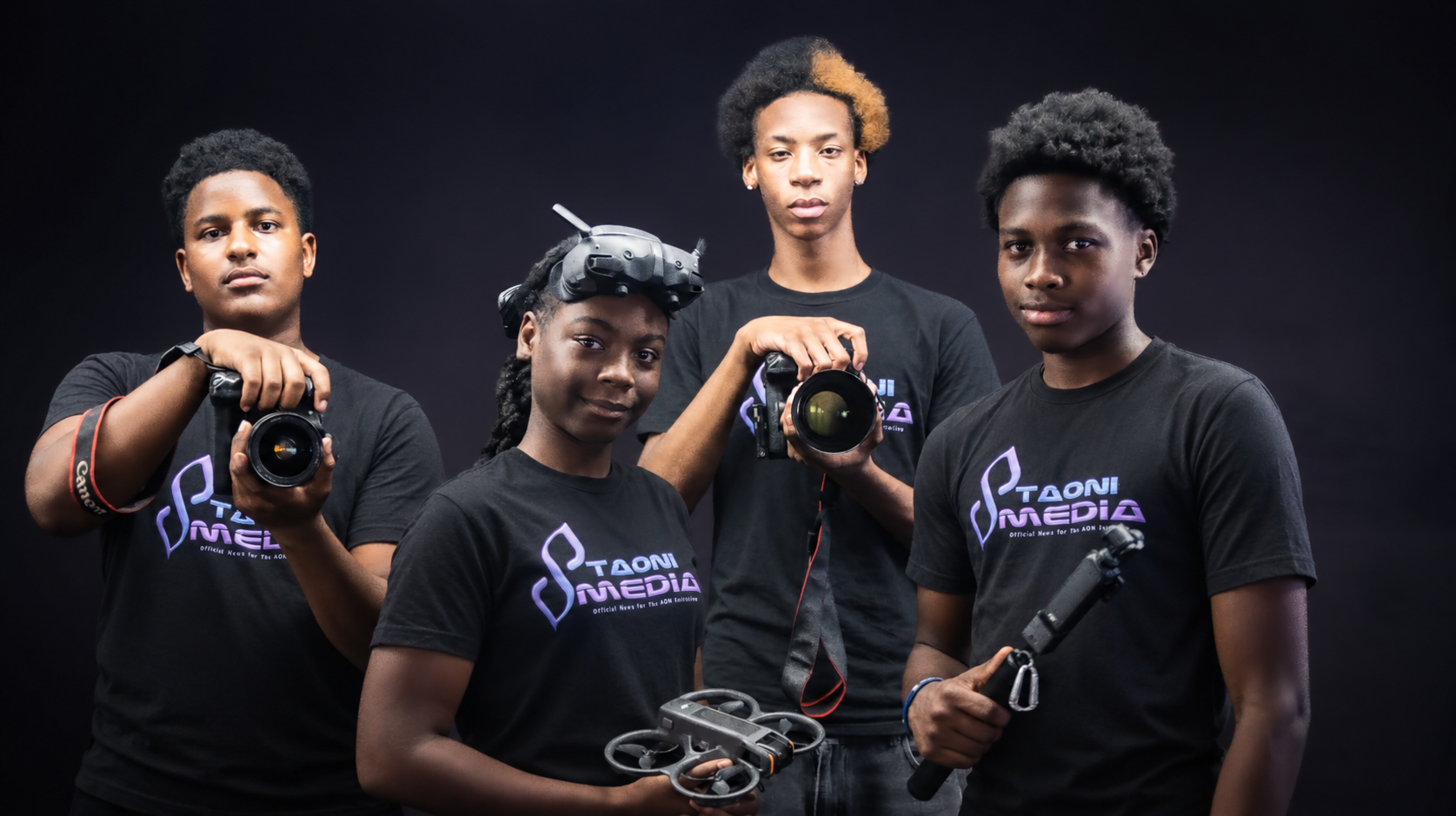TAONI Media Assistants with cameras, a drone, and production gear